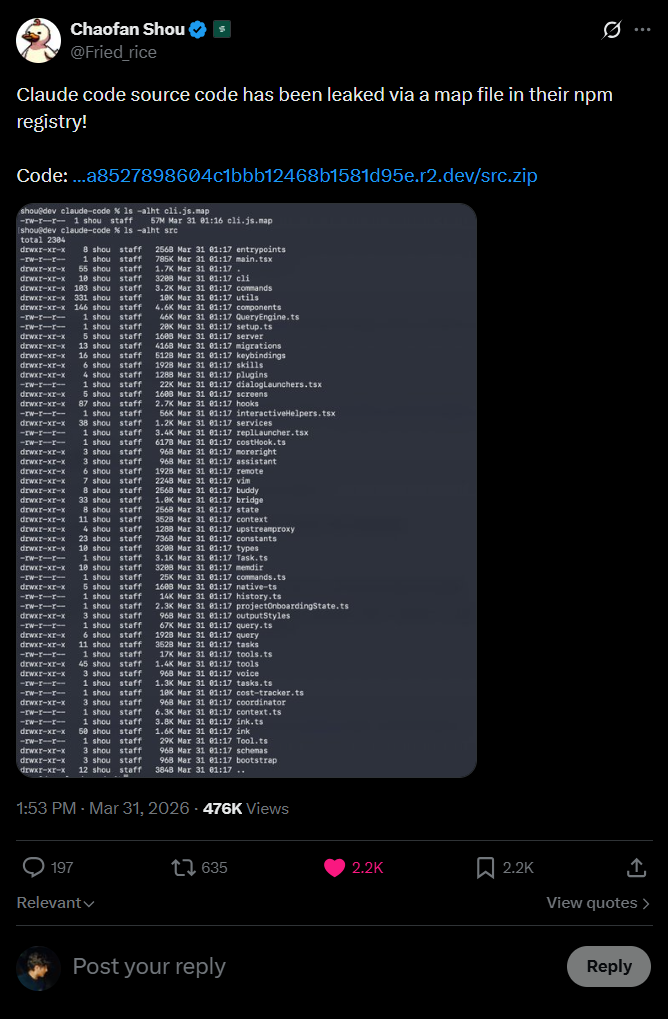 Tweet do vazamento do Claude Code